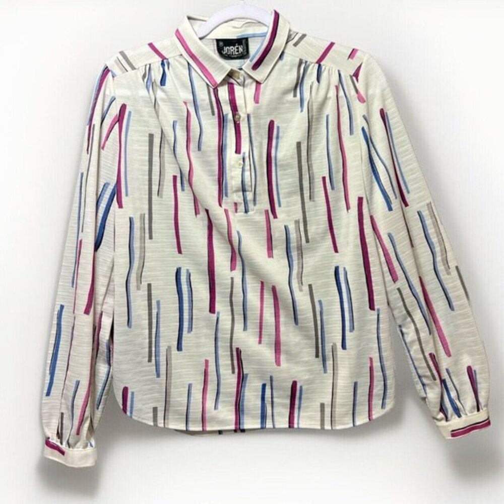 Jorén Vintage Blouse Long Sleeve Collared 1/4 Button 70s 80s‎ Print Secretary